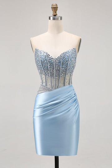 Blue Strapless Satin Beaded Corset Tight Cocktail Dress